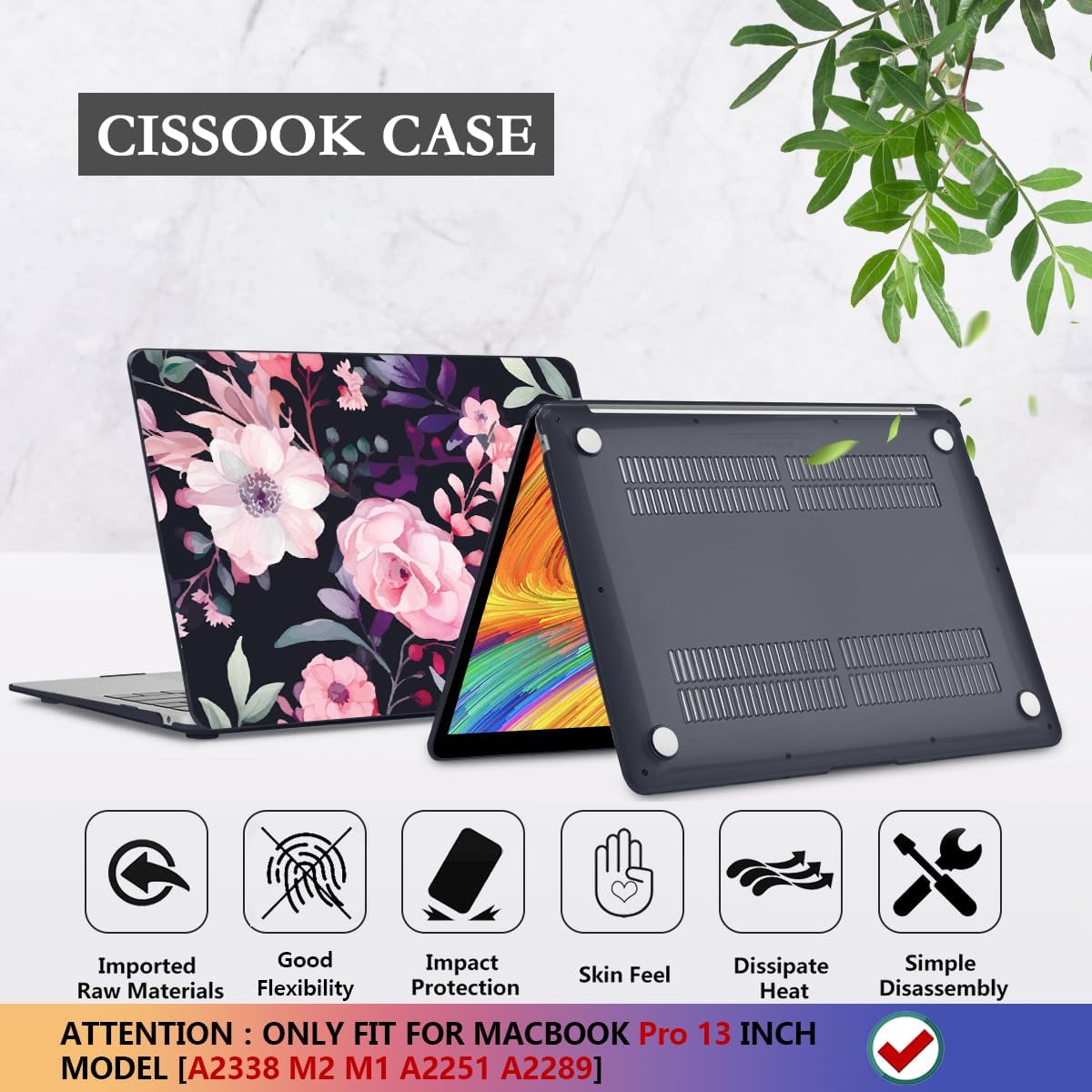 CISSOOK Compatible with MacBook Pro 13 inch Case M2 M1 2025-2016 Release Model A2338 A2251 A2289 A2159 A1989 A1706, Flower Plastic Hard Shell Case Black Cover for MacBook Pro 13 - Pink Flowers