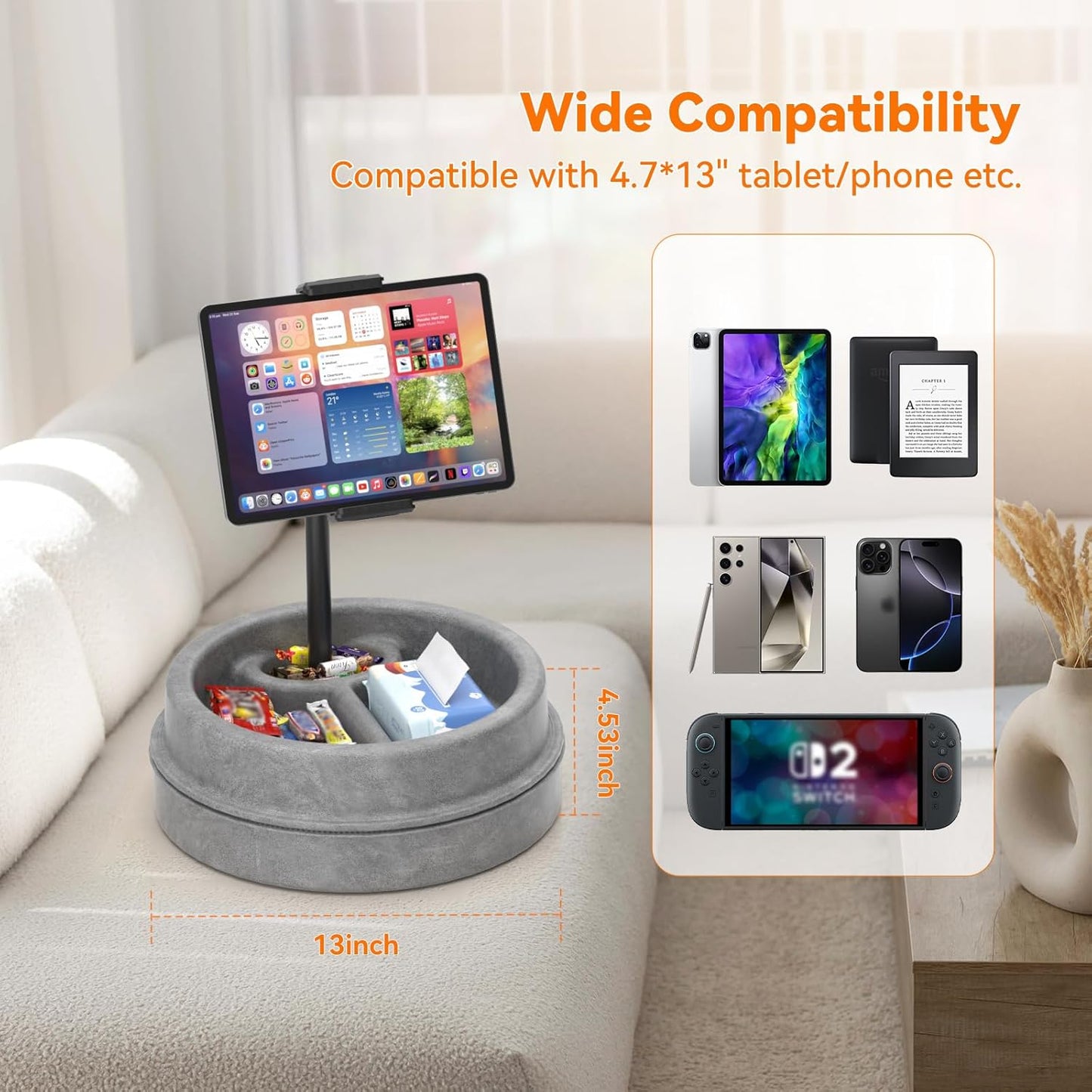 KDD Tablet Pillow Stand for Lap, Multi-Angle iPad Stand with Storage Tray - 360° Rotating Clip Gooseneck Tablet Soft Pad Dock for Bed and Desk Compatible with iPad Pro 12.9, Air Mini, Phone, E-Reader