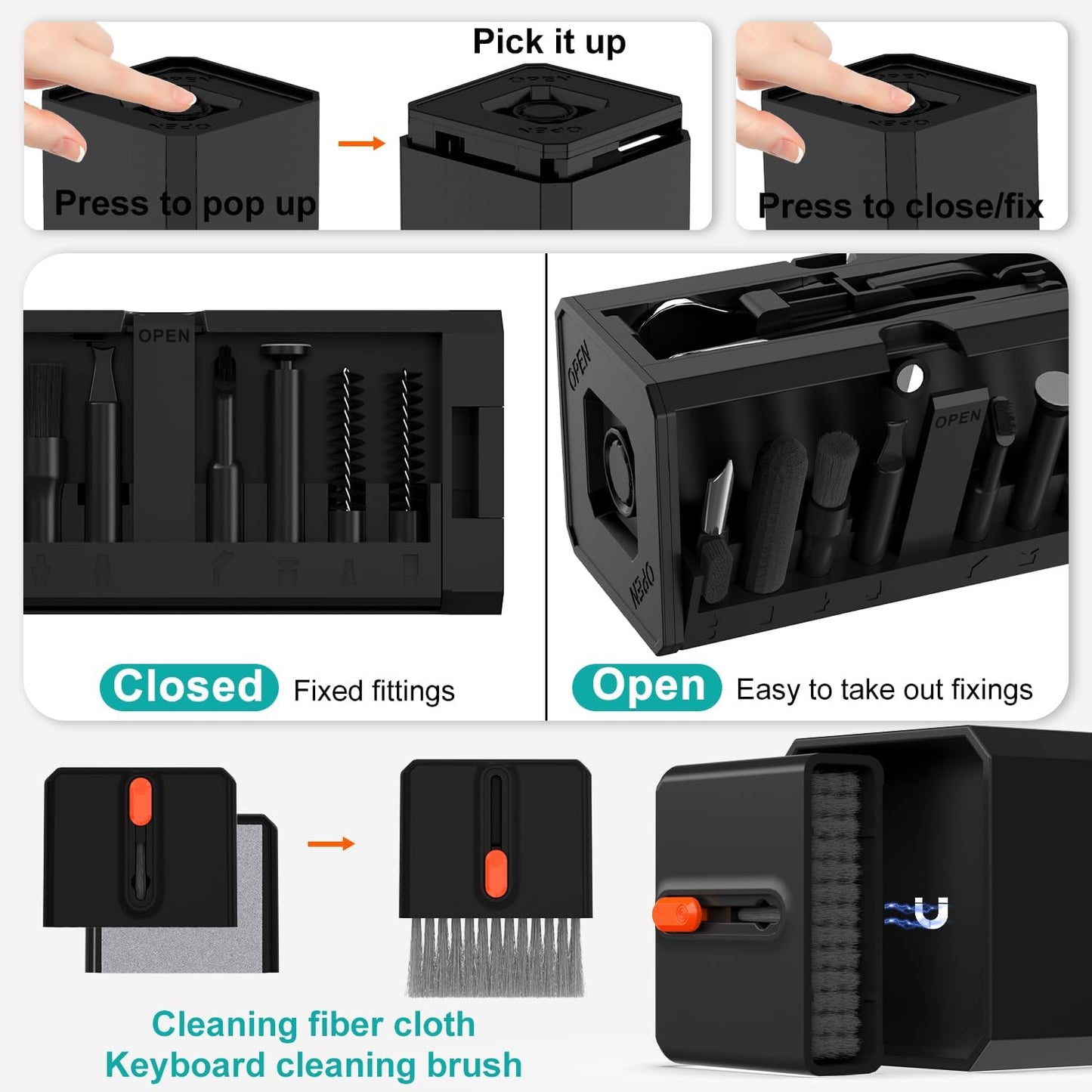 VICHYIE Keyboard Cleaning Kit with Brush, Computer Laptop Cleaner Kit, Phone Cleaning Tool, Multi-Function Cleaner Kit for Earbuds, Cellphones, PC, Screens, Camera Lens, Electronics Devices (Black)