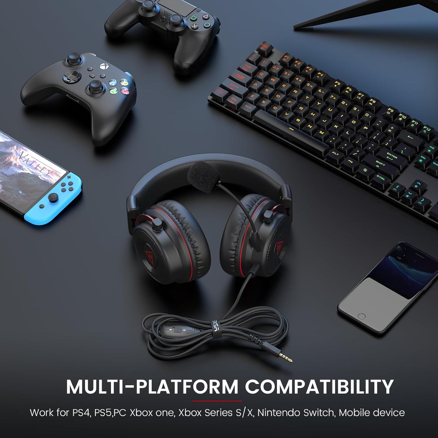 EKSA E900 Gaming Headset with Microphone - PC Headset with Detachable Noise Canceling Mic, 3D Surround Sound, Wired Headphone for PS4, PS5, Xbox, Computer, Laptop, Switch, Handheld (3.5MM Jack)