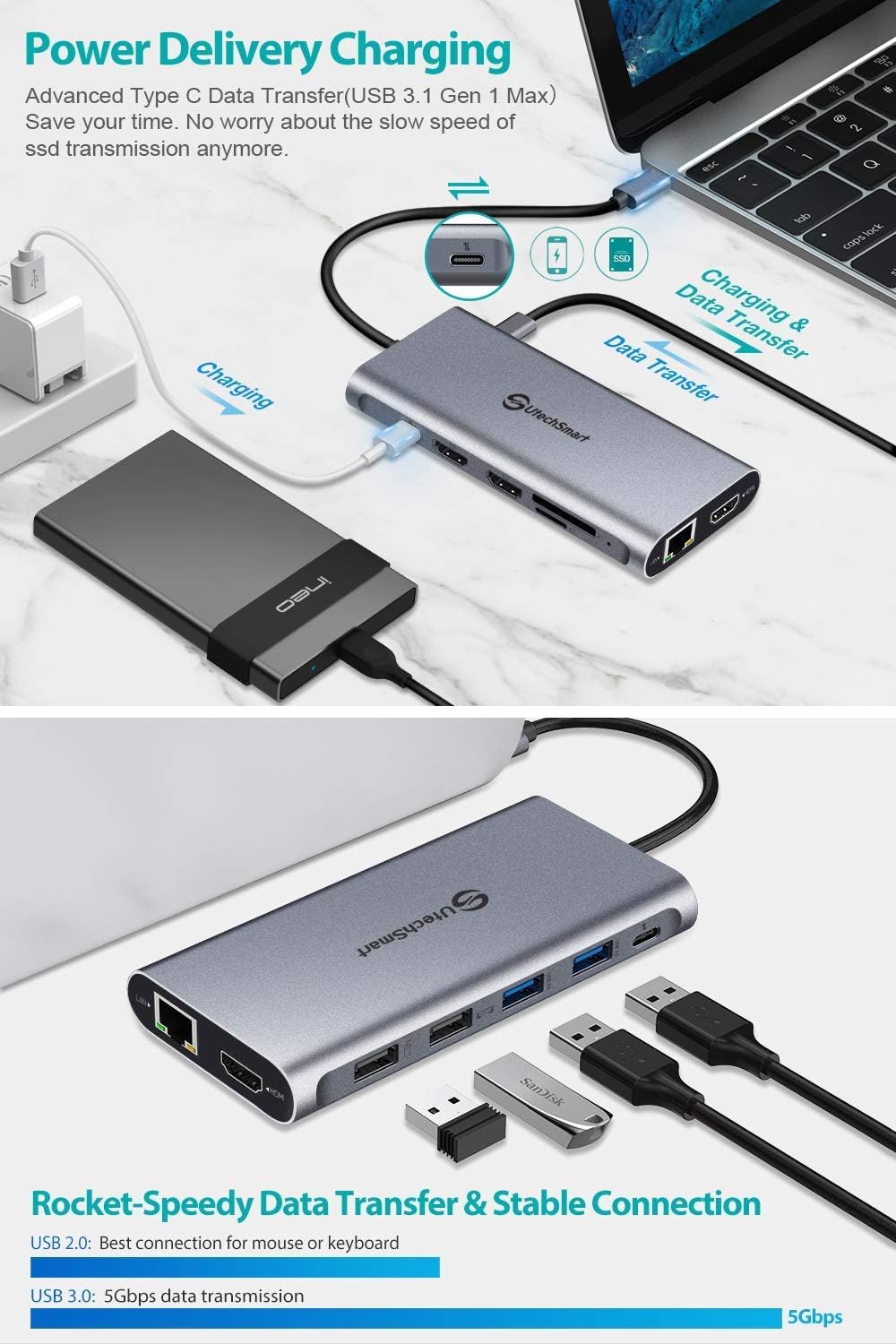 UtechSmart USB C Hub, 3 HDMI Docking Station Triple Display 12 in 1 USB C Laptop Adapter with 4K HDMI PD3.0 SD TF Card Reader Gigabit Ethernet for MacBook Pro/Air/M1/M2 & Windows