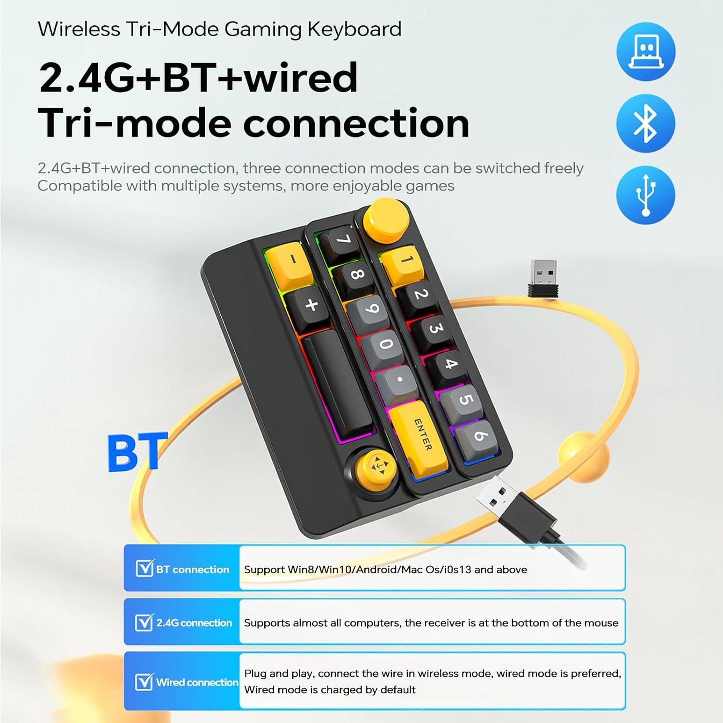 Adventurers W909 Wireless RGB Mechanical Numeric Keypad, Hot-Swappable, Macro-Programmable Numpad, Joystick & Knob Control for PC/Tablet/Laptop/Phone, Tri-Mode Connectivity (Red on Black)
