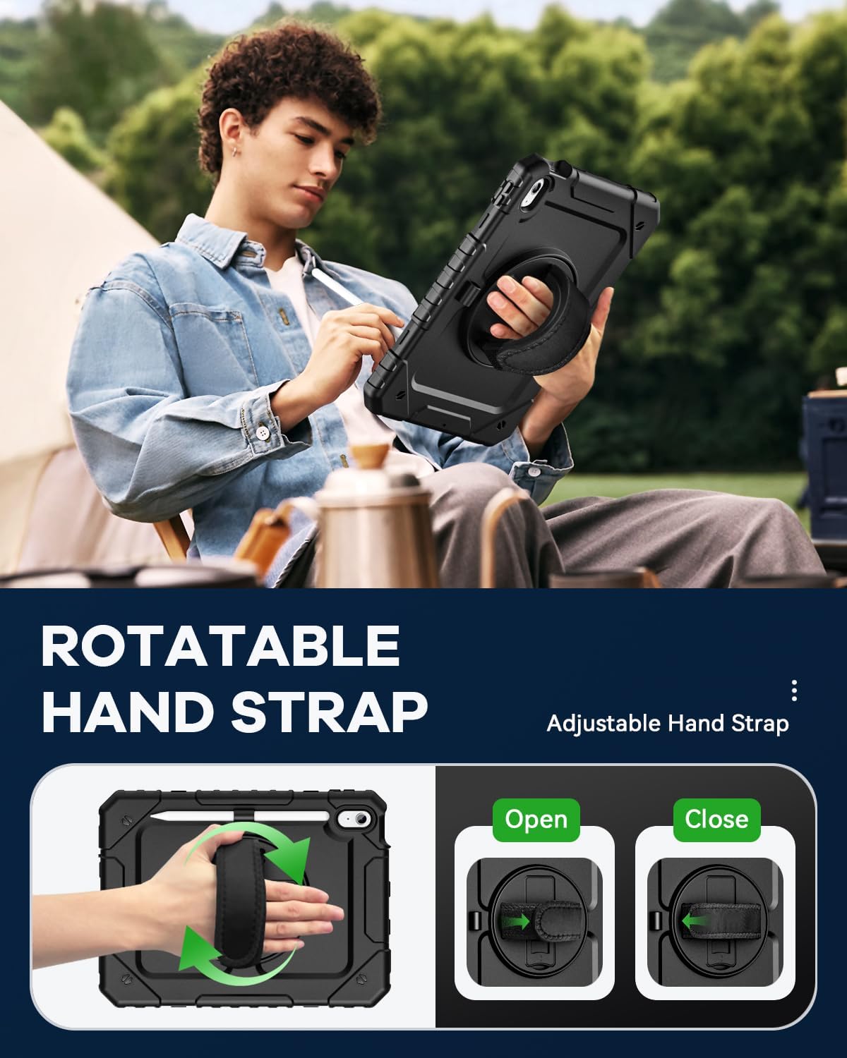 Cantis Case for iPad 11-inch (A16) 2025/ iPad 10th Generation 2022 (10.9 inch) with Screen Protector, iPad 11th Case with 360 Degree Rotating Stand/Shoulder Strap/Pencil Holder, Black