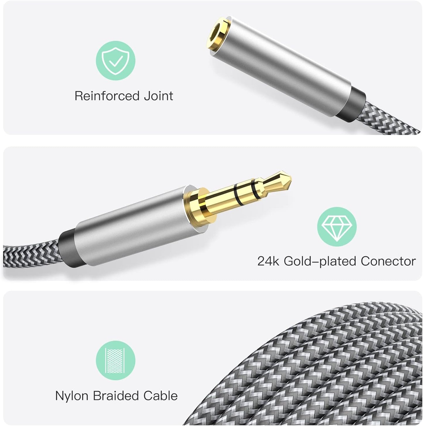 3.5mm Headphone Extension Cable 20ft, Nylon Braided Aux Cord Extender for Smartphones, Tablets, Media Players (No Mic Support)