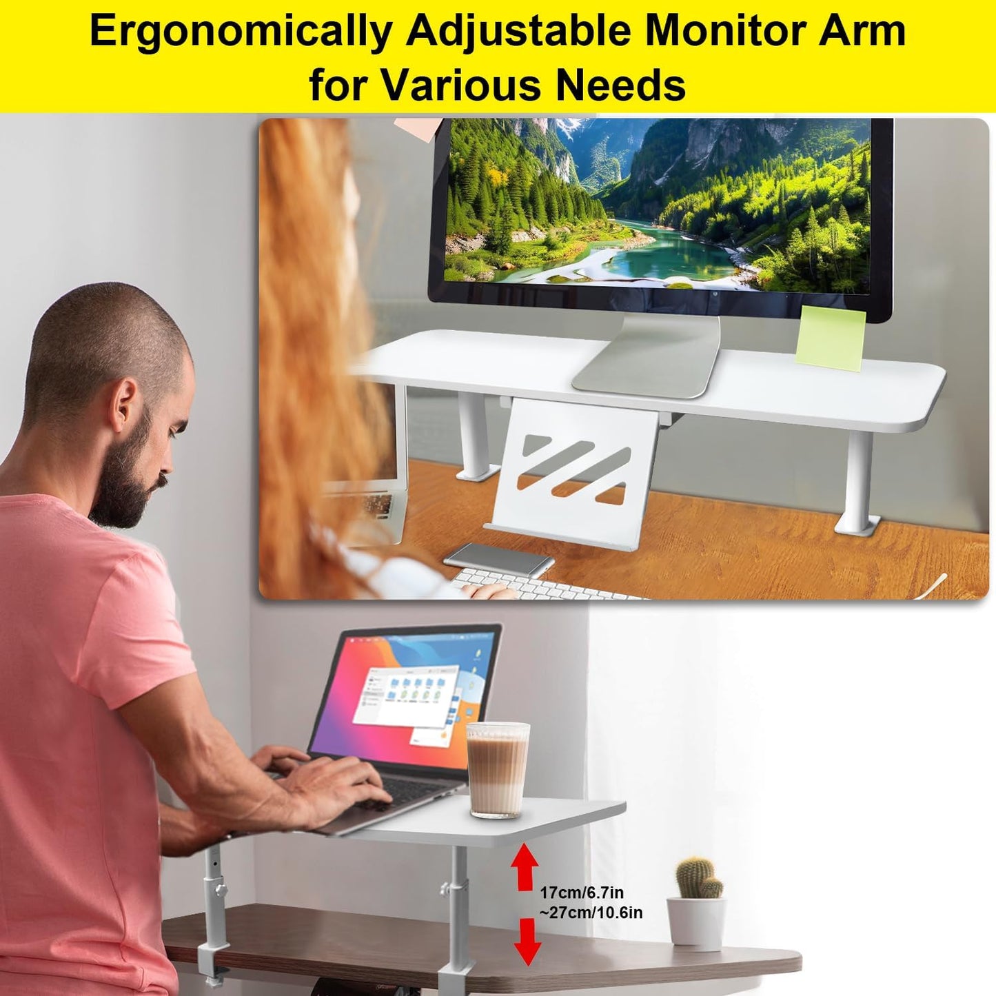 Clamp-On Monitor Stand Riser with Phone/Pad Holder, Height Adjustable from 6.7" to 10.7", Computer Desk Shelf for Laptop, PC, Home Office Workstation (White)