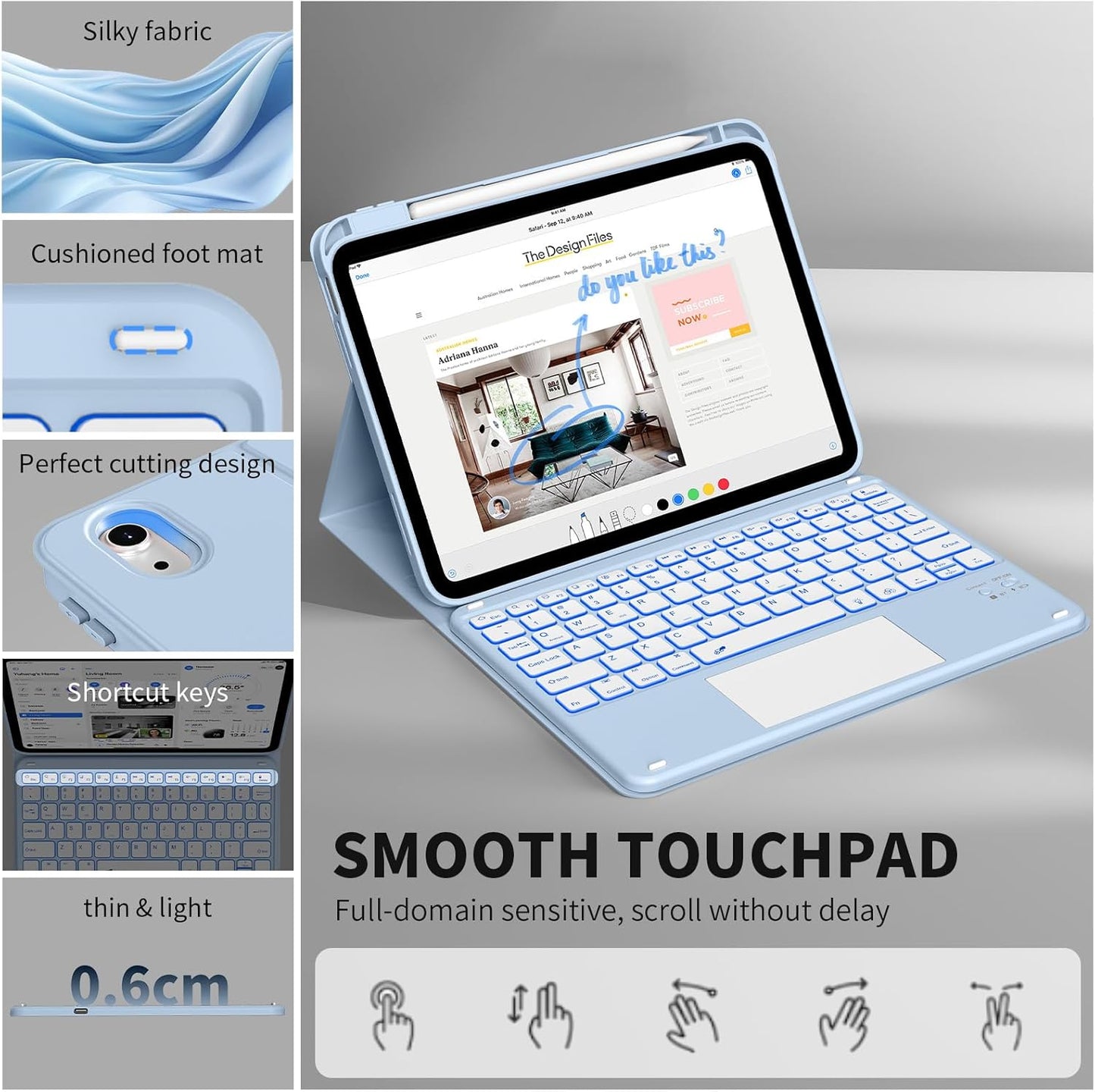 JKSML for iPad(A16) 11th/10th Generation Case with Keyboard (11/10.9 inch) 2025/2022, 7 Color Backlight Detachable Bluetooth Cover with Trackpad, Flip Stand Case Thin with Pencil Holder, White ice