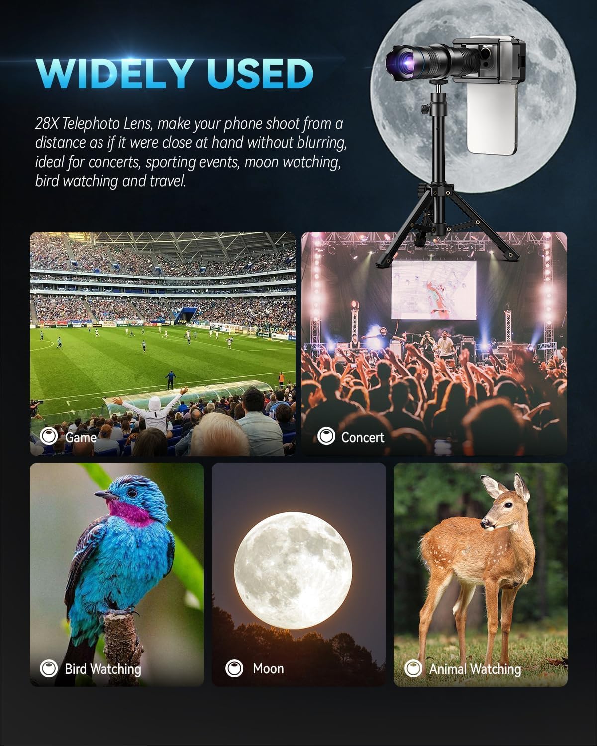 High Power 28X HD Telephoto Lens with Phone Tripod for iPhone Samsung Pixel One Plus Huawei