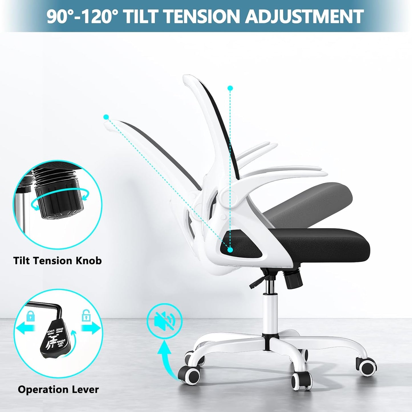 Home Desk Chair with Back Supportive Lumbar Support, Breathable Double Mesh Cushion Home Desk Office Chair with Flip up Arms, Modern Ergonomic Home Desk Office Chair for Work(White)