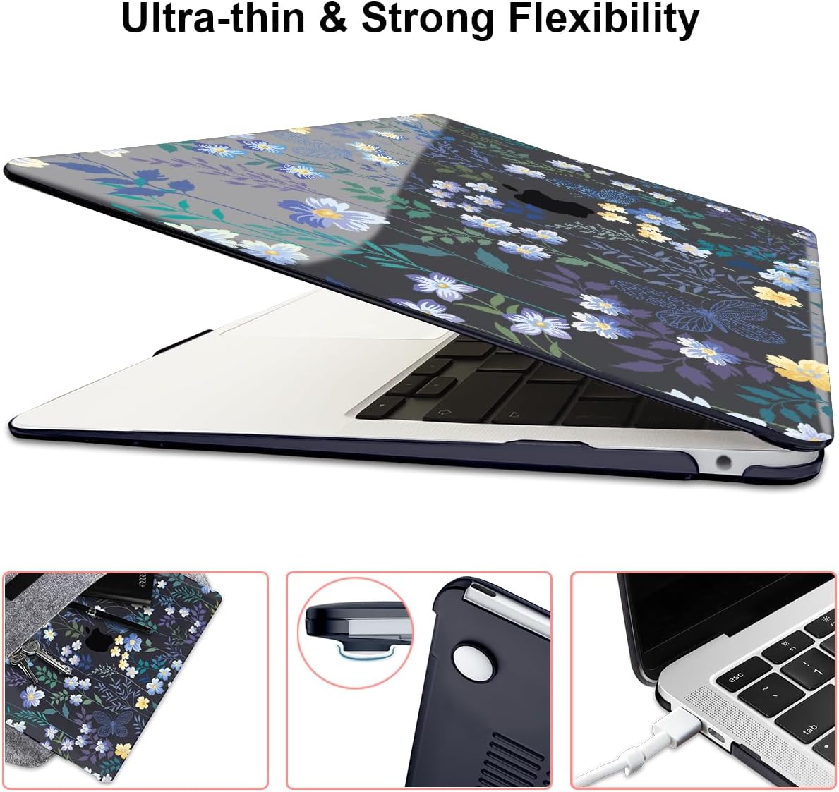 for M1 MacBook Air 13 Inch Case 2021 2020 2019 2018 Release M1 A2337 A2179 A1932 Cover with Retina Display & Touch ID, Printed Pattern Plastic Hard Shell Case, Meadow Wildflower Black