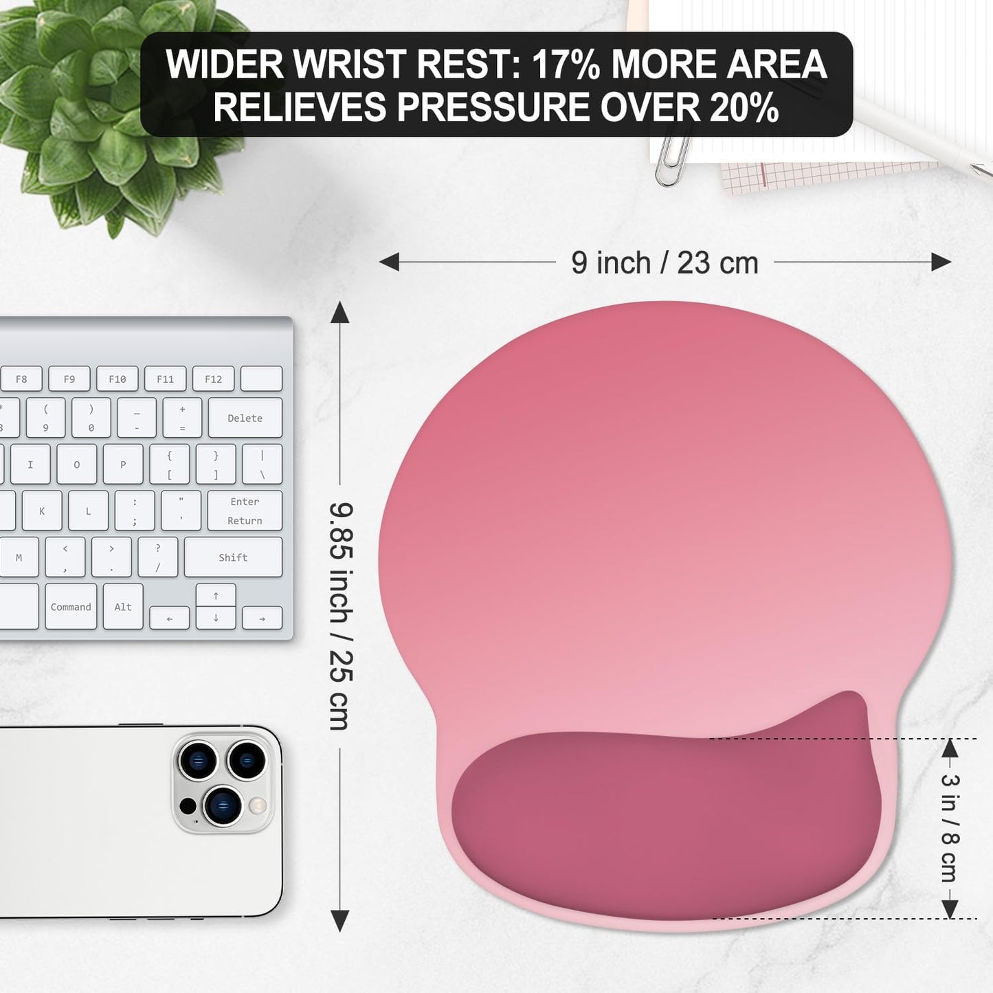 ITNRSIIET Ergonomic Mouse Pad with Wider Memory Foam Wrist Rest +17% - Curved Cushion Reduces Pressure 20%, Pain Relief, Non-Slip, Smooth, Cute Colors, 9.85 x 9 in, Pink Ombre