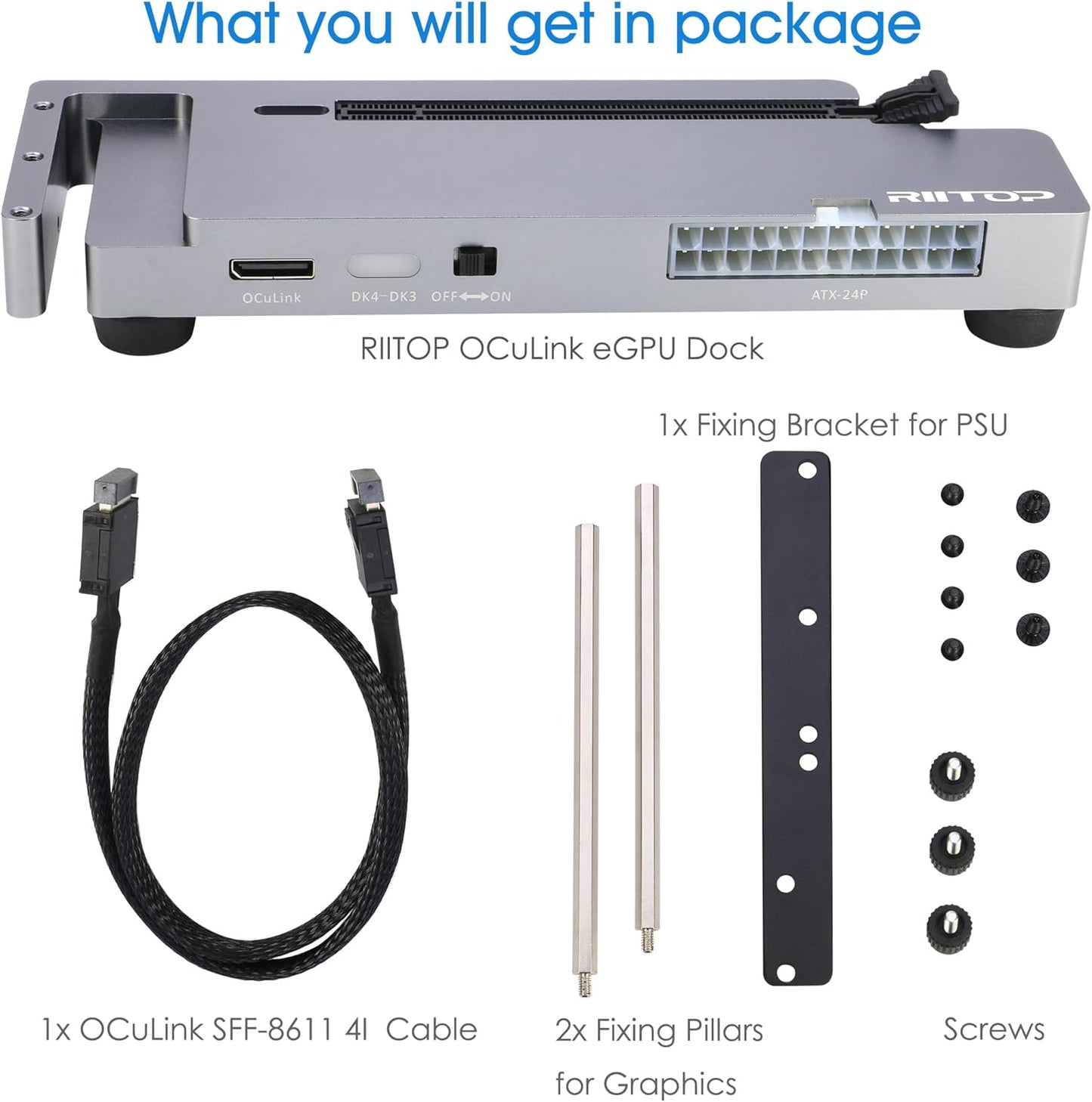 RIITOP OCuLink eGPU Dock 64Gpbs Oculink SFF-8612 External GPU Enclosure for PCIe 4.0 x16 Graphics Cards