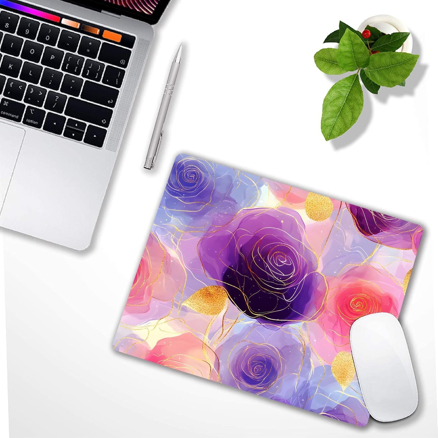 Aesthetic Gold Texture Rose Flower Custom Mouse Pad with Non-Slip Rubber, Small Square Design for Wireless Laptop & Computer Mouse Pads for Desk, 9.5 x 7.9 inch Smooth Surface for Gaming & Office