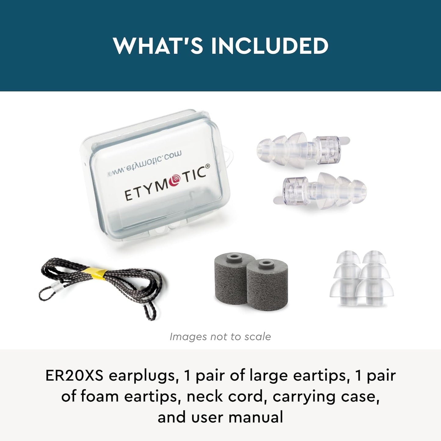 Etymotic ER20XS ETY Earplugs Set - High-Fidelity Hearing Protection - Up to 20 dB Sound Reduction - Reusable - Includes 1 Pair of Large, Standard, and Foam Eartips, Neck Cord & Case