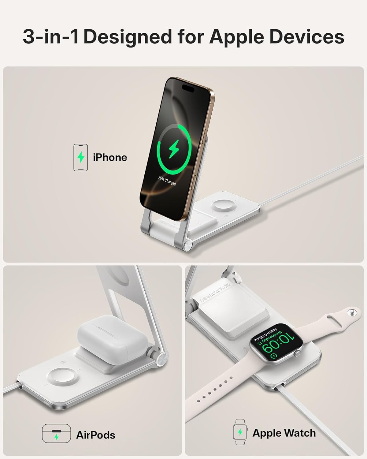 Wireless Mag-Safe Charger Stand for iPhone 16 Pro Max, 3 in 1 Charging Station for Multiple Devices, Metal Foldable Travel Charger for Apple Watch & AirPods, Built-in Retractable USB-C Cable, White