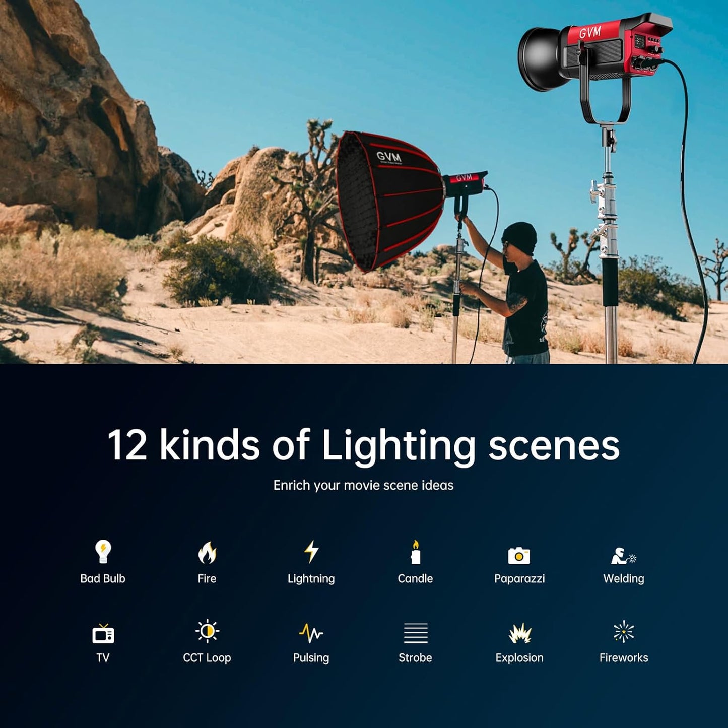 GVM Great Video Maker 200W Video Light Kit, LED Video Light Studio, Bluetooth Mesh Network/DMX Control, 45400lux/1m Continuous Lighting, 12 Lighting Effects, 2700K-6800K