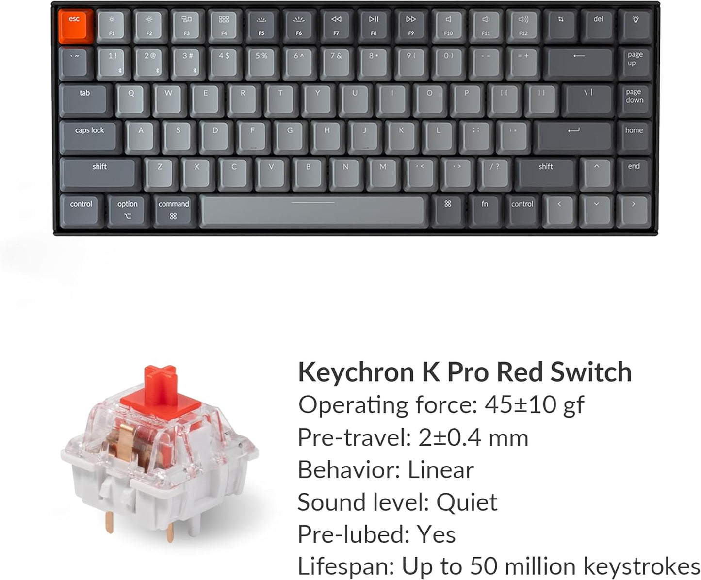 Keychron K2 75% Layout Bluetooth Mechanical Keyboard K Pro Red Switch/White LED Backlit/Anti Ghosting/N-Key Rollover/84 Key USB C Wired Computer Keyboard for Mac Windows-Version 2