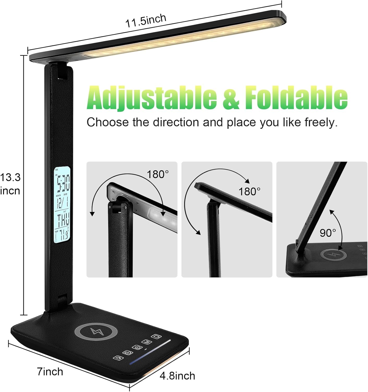 Desk Lamp with Wireless Charger,USB Charging Port, Dimmable Office Desk Light with Clock, Alarm, Date, Temperature, Foldable Lamp for Table Bedroom Bedside Office (Black Pro, Standard Size-13.3 inch)