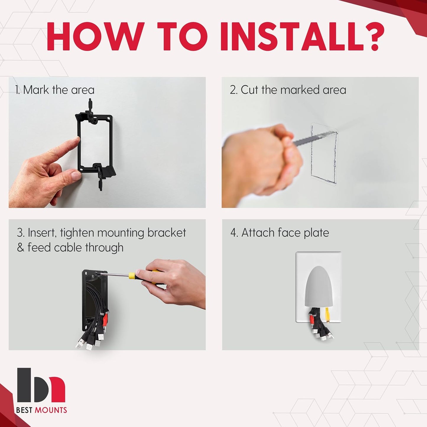 2 Pack Wall Plate Cable Pass Through with Bracket - In Wall Cable Management Kit - Snap ON Wall Plate with Single Gang Low Voltage Mounting Bracket - Decorator Cover for Low Voltage Cables