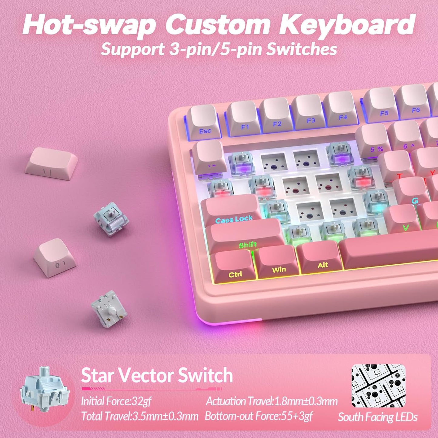 AULA S75 PRO Wireless Mechanical Keyboard with Screen&Knob, Tri-Mode Hot Swappable Gaming Keyboard 75%, Pre-lubed Switches, RGB Backlit, Side Printed PBT Keycaps, Creamy Sounding Pink Keyboards