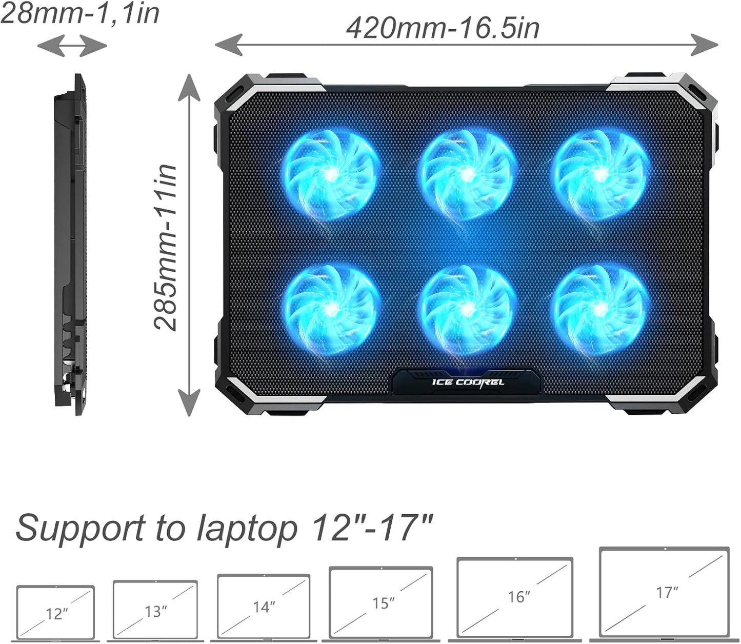 ICE COOREL Laptop Cooling Pad with 6 Cooling Fans, Cooling Pad for Laptop Fan 13-15.6 Inch, Laptop Cooler Stand with 6 Height Adjustable, Notebook Cooler Pad with Two USB Port