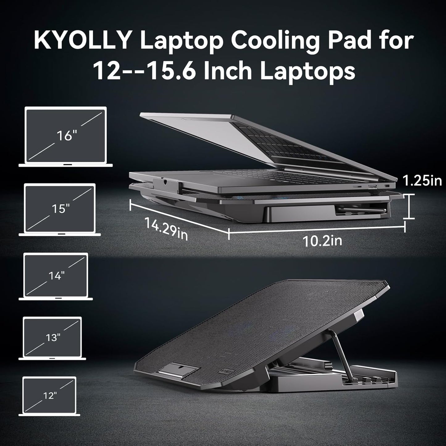Ultra Slim Laptop Cooling Pad for 10-15.6 Inch Laptops, Portable Notebook Cooler with 2 Quiet Big Fans, Gaming Laptop Fan Wind Speed Adjustable, 5 Heights Adjustment, 2 USB Port