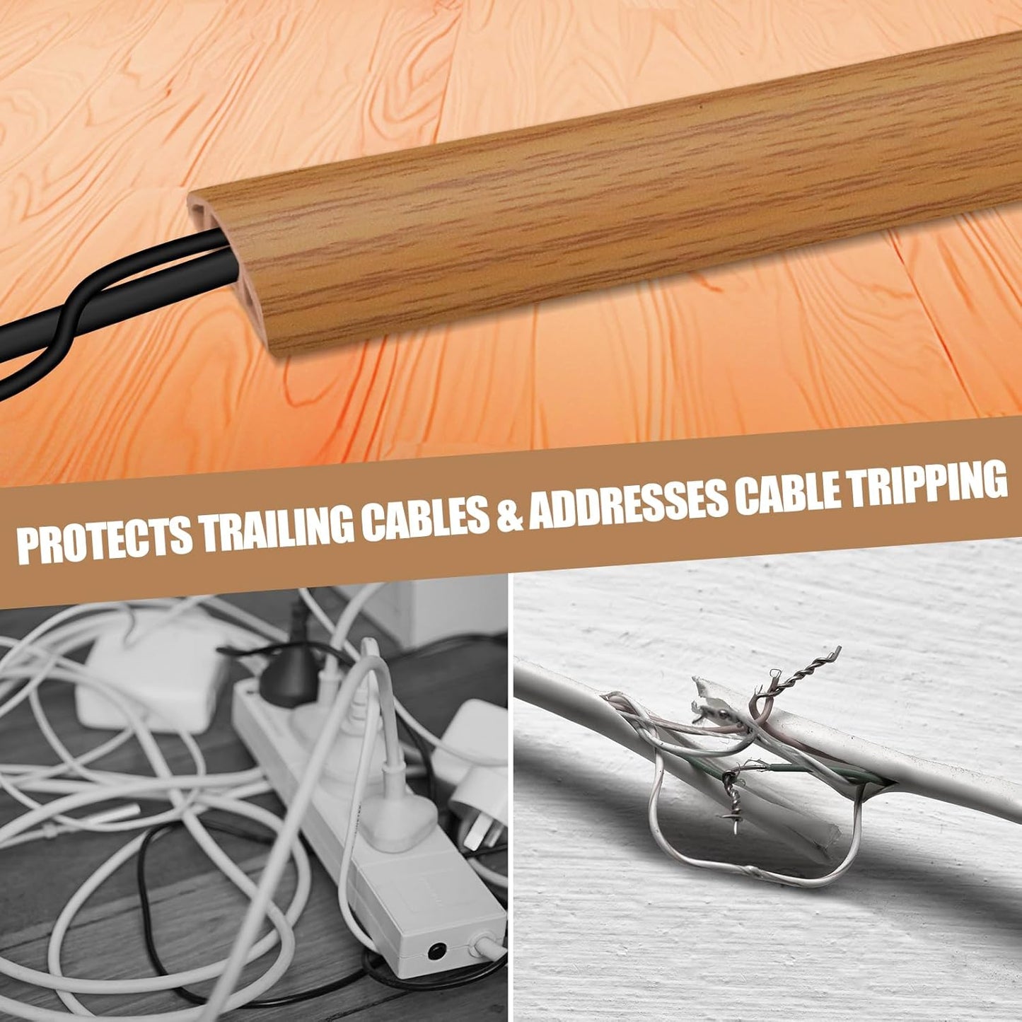 Floor Cord Cover Self Adhesive Cord Hider,10FT Cable Management, Extension Strip Protector for Wires, Prevent Cable Trips for Offices, Gyms, Exhibitions Cavity:0.3"(W) x 0.28"(H) Brown Wood