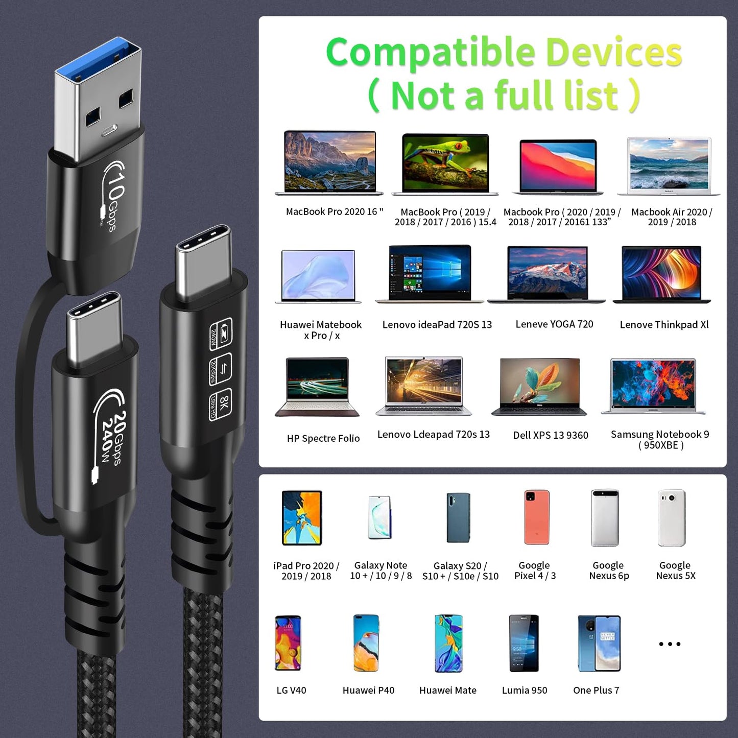 CABLEDECONN USB2.0 A to USB C 3.2 Type C 20Gbps Male to Male Detachable 1m 3.3ft Cable Data Extension 10Gbps 240W Fast Charge 8K Ultra HD Video Data Connection Power Line
