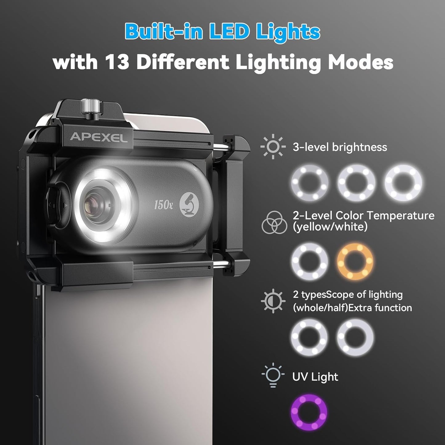 APEXEL Phone Microscope Lens, 150X Phone Micro Lens Nano Zoom for Android/iPhone With LED UV Light/CPL/Universal Clip, Mini Pocket Digital Microscope, Portable Smartphone micro lens Camera Attachments