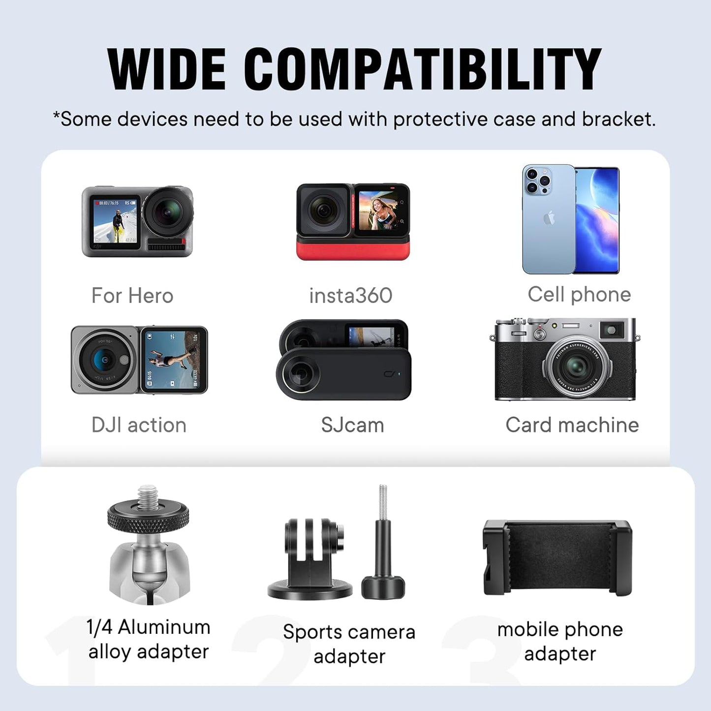 Aluminum Alloy Camera Mounts Clamp Mount Bicycle Handlebar Adapter Mount with Dual 360°Rotatable Ball Head with Adapter Phone Clip Compatible with Hero Insta360 and Other Action Cameras