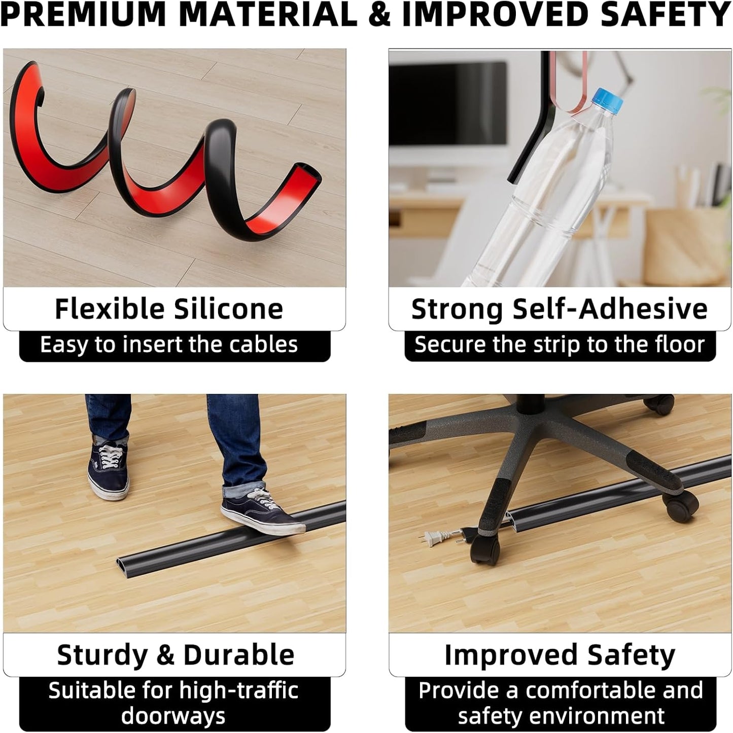 9.8ft Floor Cord Cover, Silicone Wire Hider, Hide Extension Cords, Protect Cords, Prevent Cable Trips, Heavy-Duty Adhesive-Backed Anti-Trip Cable Protector for Floor, Desk & Wall