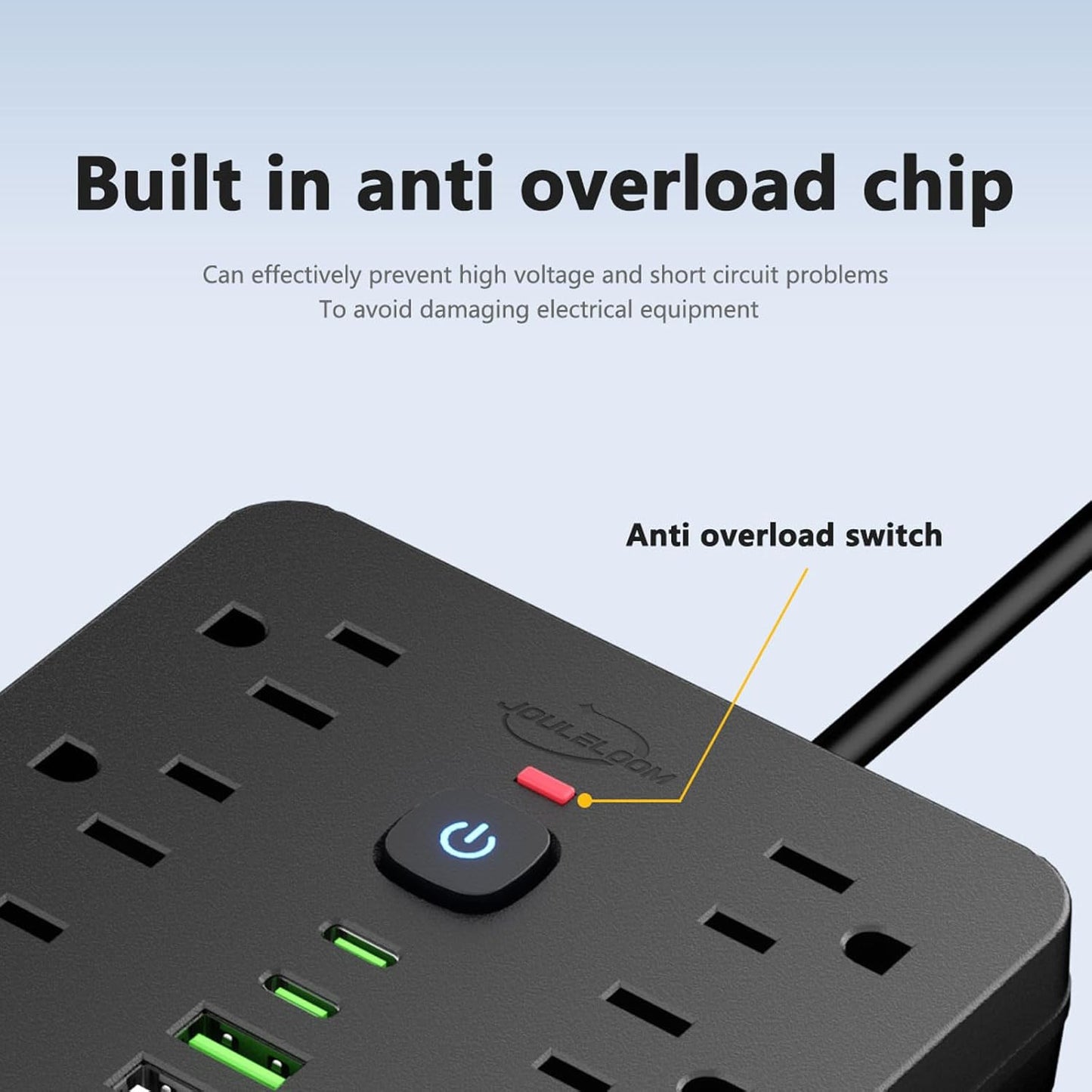 15 FT Flat Plug Surge Protector Power Strip,11 Multiple AC Outlets with 6 USB Ports (2 USB C), 15 Feet Extension Cord, 1250W/10A, One Touch Switch Button, 17 in 1 Compact powerstrip