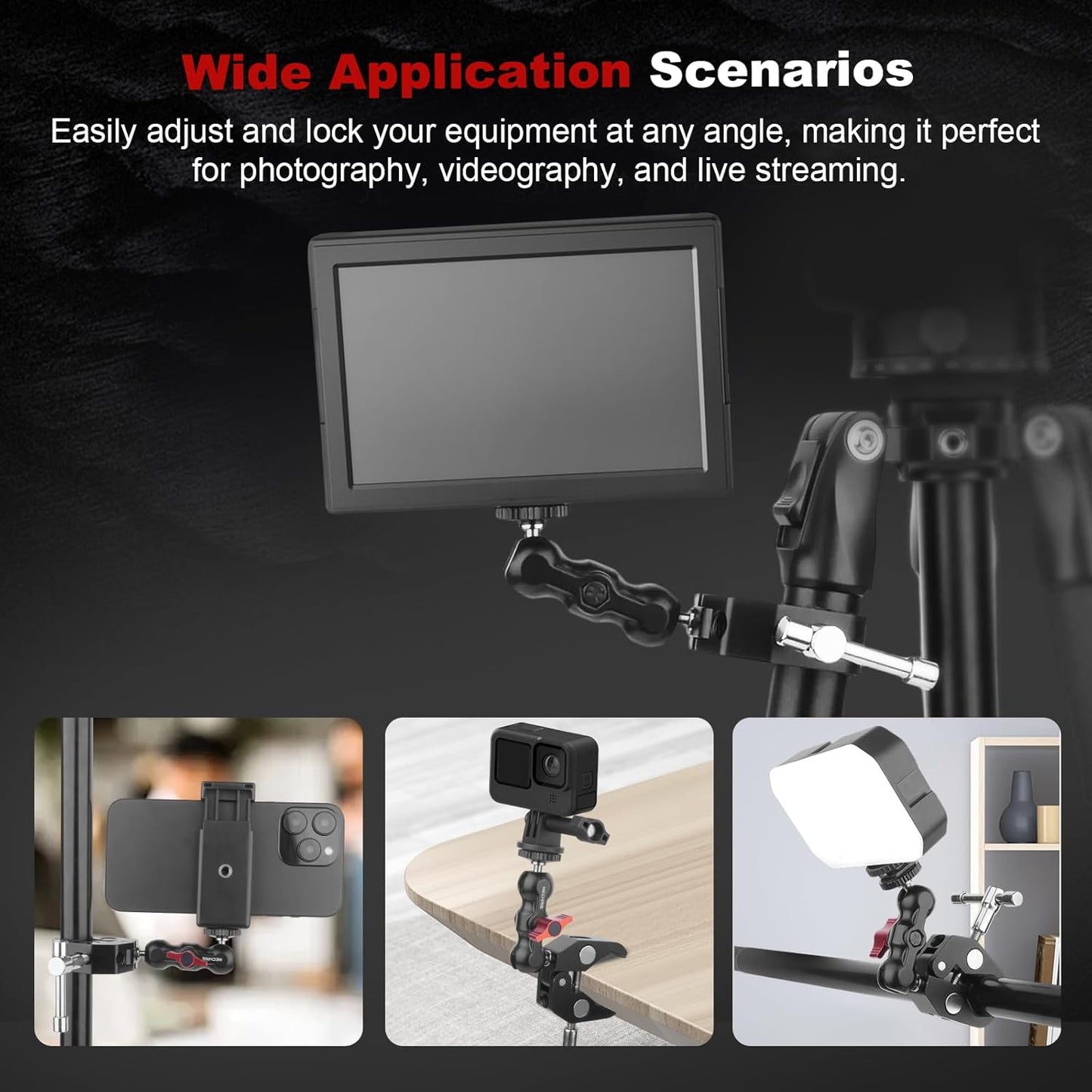 Camera Clamp Mount with Dual Ballhead Magic Arm, Aluminum Camera Mount Super Clamp Kit for DSLR Action Camera/Phone/Monitor/LED Light/Microphone, for Desk/Tripod/Tube/Crossbar (SY001)