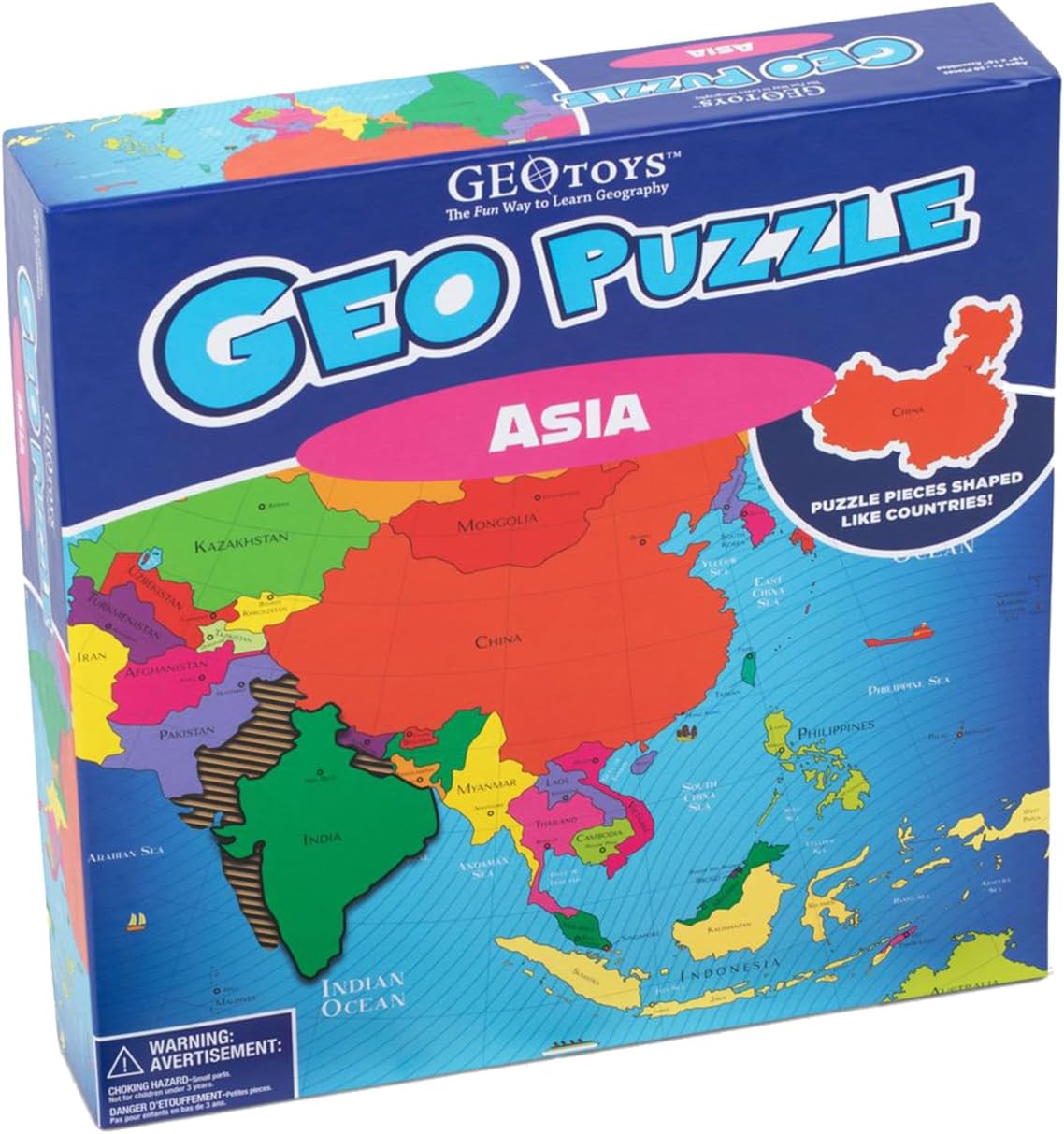GeoToys GeoPuzzle, Asia Shaped Jigsaw Puzzles, 50 Pc Geography Puzzle, Geography Game & Map Puzzle, Jigsaw Puzzles for Kids Ages 6-9 Years Old