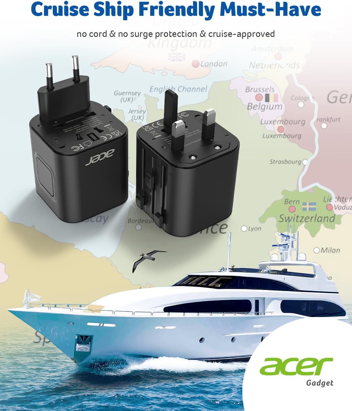 Acer European Travel Plug Adapter,Universal Travel Adapter, International Power Adapter for USA to Europe UK France Germany Spain Ireland Australia (Type C/G/A/I),Black