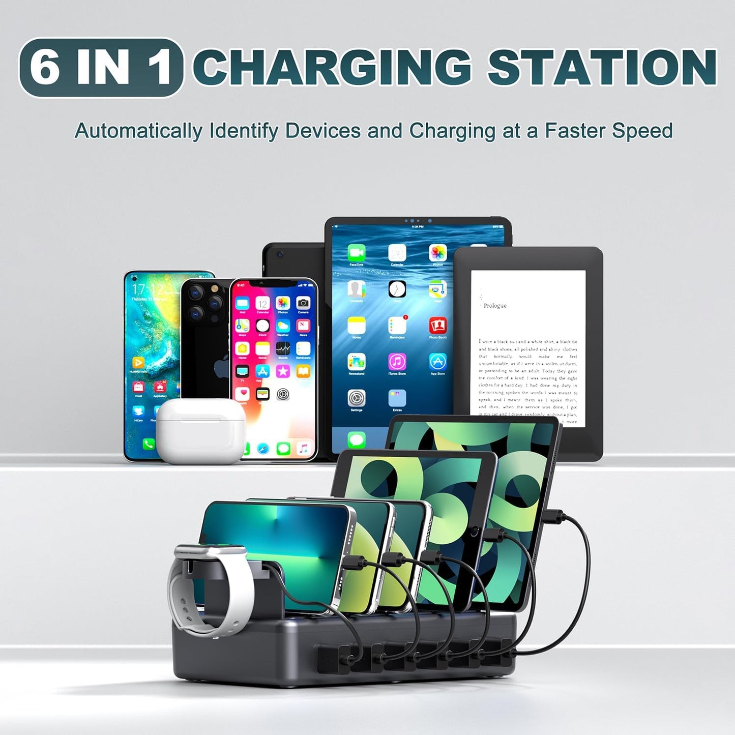 Charging Station for Multiple Devices, 6 in 1 Charger Station Multiple Charging Station for Cellphone Tablet iPhone iPad and More-50W Charging Dock with Mixed Charging Cables