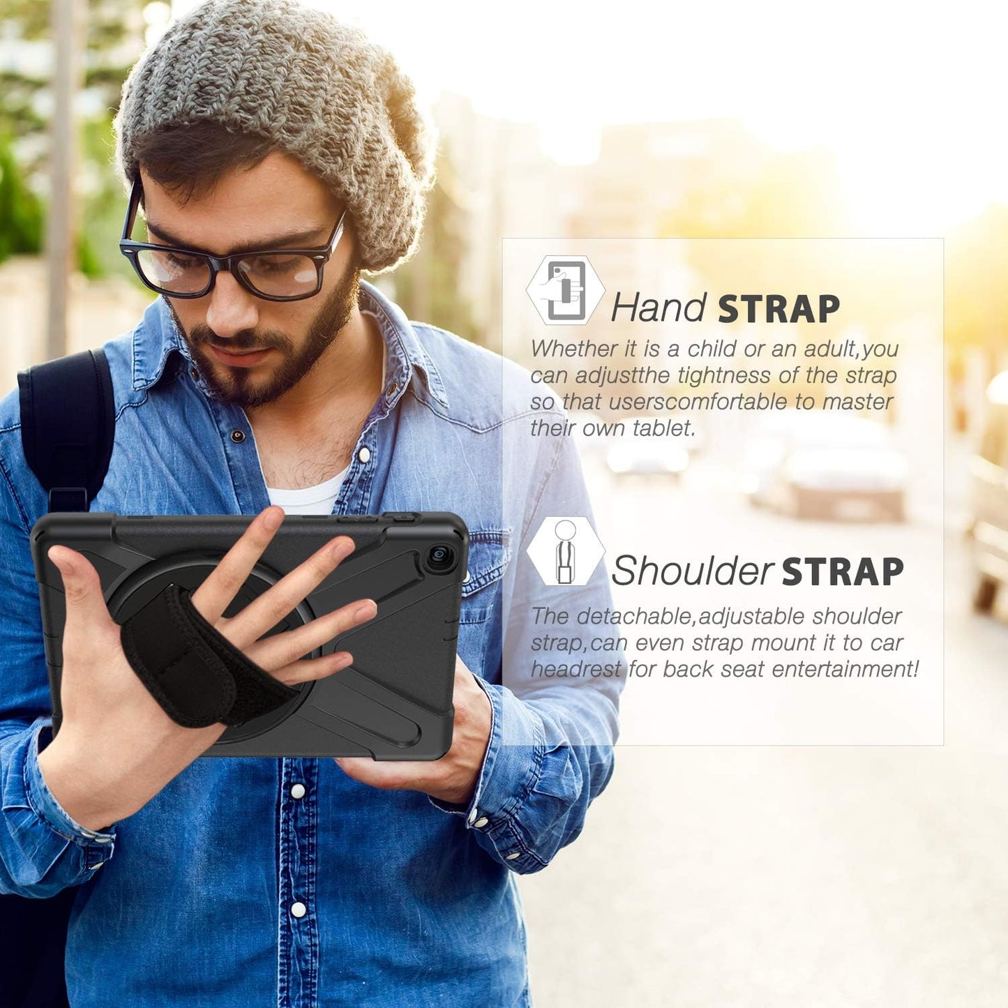 BRAECN for Galaxy Tab A 10.1 2019 Case, Heavy Duty Shockproof Rugged Case with 360 Degree Rotating Hand Strap/Stand and Shoulder Strap for Samsung Tab A 10.1 SM-T510/T515 2019 (Black)