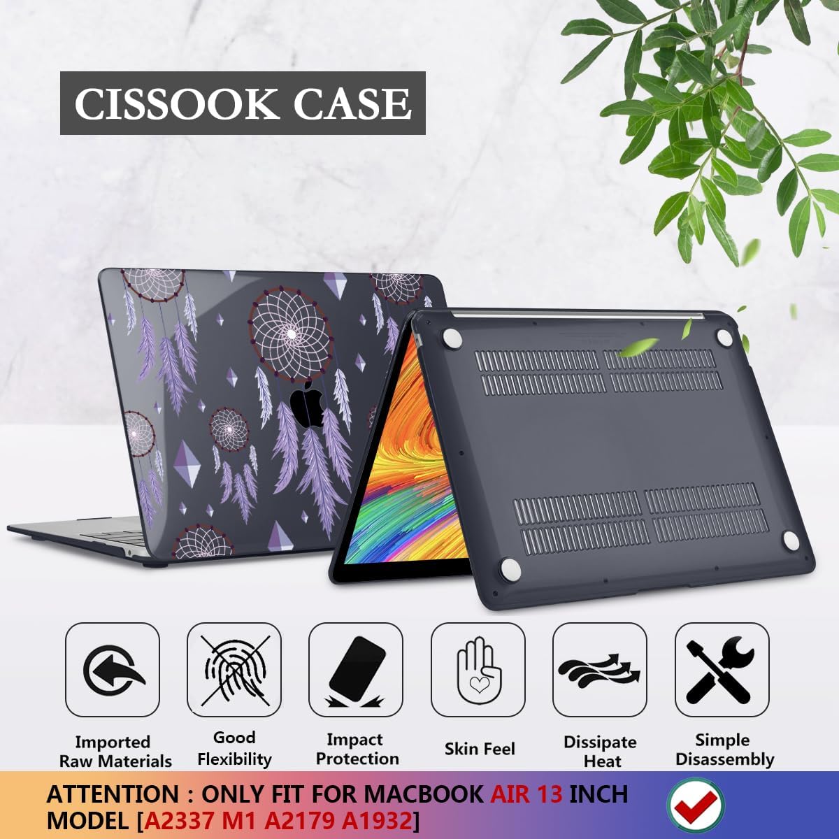 CISSOOK Compatible with MacBook Air 13 inch 2021 2020 2019 2018 Release M1 Chip A2337 A2179 A1932, Plastic Black Hard Shell Protective Cover for MacBook Air 13 Retina with Touch ID, Dream Catcher