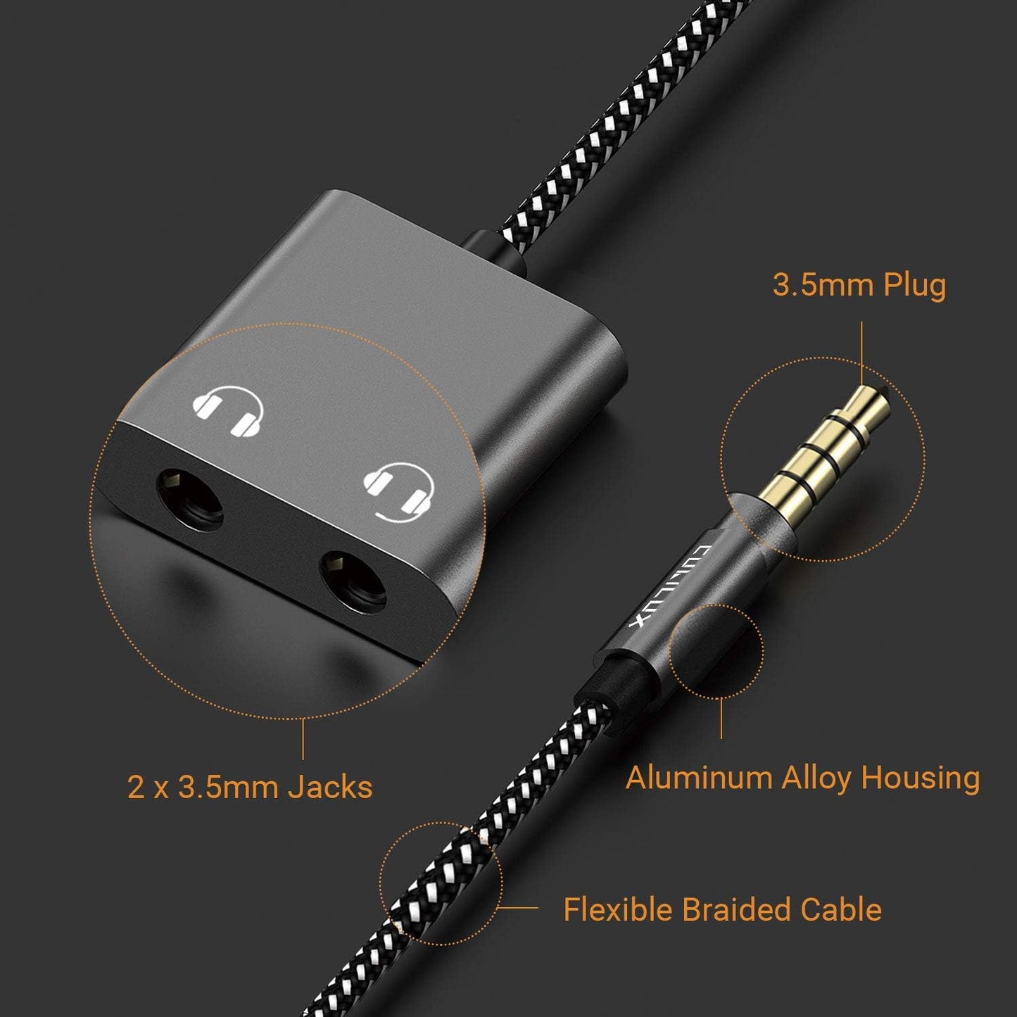 Cubilux 3.5mm Male to Dual Female Headphone Jack Splitter for Sharing Music, 2-Way 1/8” Stereo Audio Y Adapter, Compatible with MacBook iPad PC Computer Phone Laptop Tablet PS4 PS5 Xbox One/360