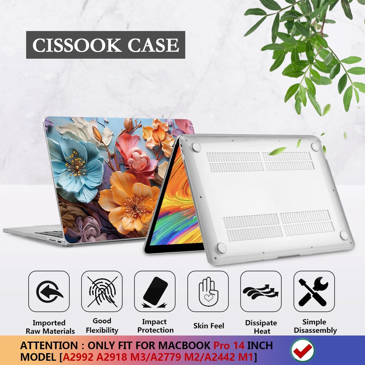 CISSOOK Compatible with MacBook Pro 14 inch Case 2024 2023 2022 2021 Release M4 A3401 A3112 A3185 M3 A2918 A2992 M2 A2779 M1 A2442 Pro Max Chip, Floral Hard Shell Case + Keyboard Cover, Silk Flowers