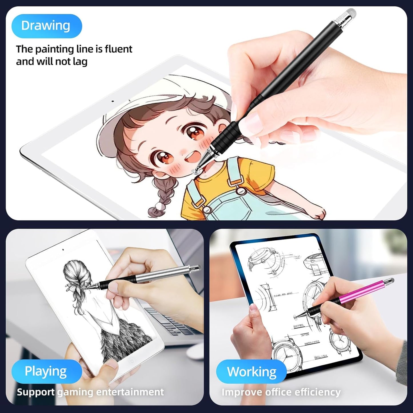 Capacitive Stylus Pen (4Pack,2 in 1 Precision Series), Fibre Tips Universal Touch Screens Stylist, Fine Point Disc Touchscreen Pencil Compatible for iPhone/iPad/Android/Tablet