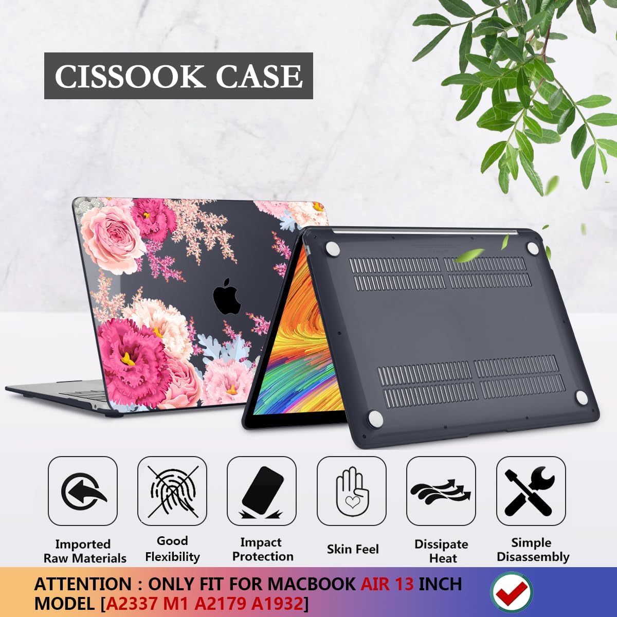 CISSOOK Floral Case Cover for MacBook Air 13 Inch 2020 2021 2019 2018 Release A2337 M1 A1932 A2179, Plastic Hard Shell Case with Keyboard Cover for MacBook Air 13" with Touch ID, Gorgeous Flowers