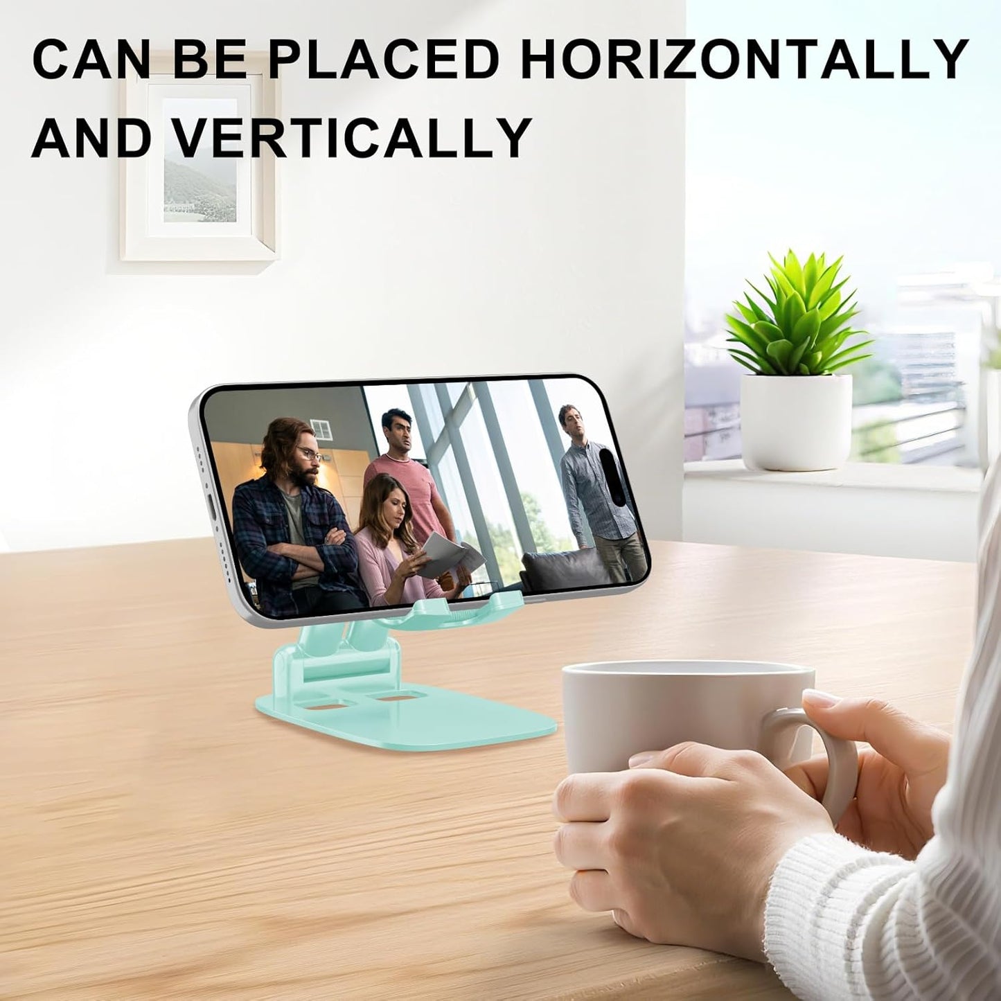 DEERLAMN Cell Phone Stand for Desk,Height Adjustable Cell Phone Holder Portable Desktop Stand, Travel Home Office Desk Accessories Compatible with iPhone 16/15/14/13/12/11 All Smartphone - Light Green