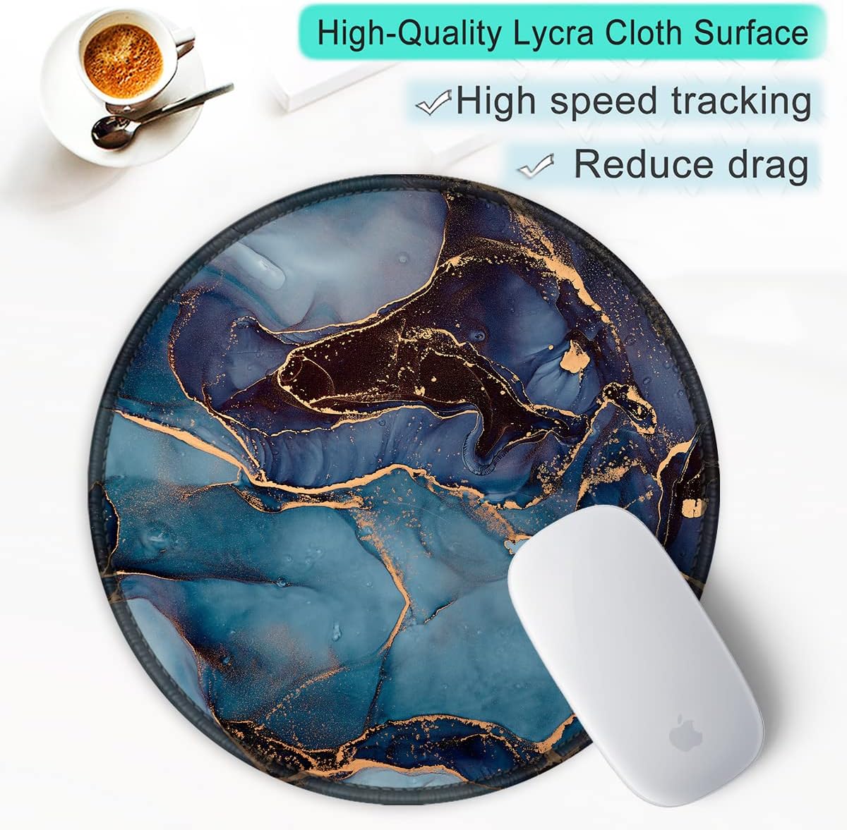 ITNRSIIET Round Mouse Pad with Stitched Edge Premium-Textured Waterproof Non-Slip Rubber Base Desktop Protection Mat Diameter 8.7 inches, Blue and Black Marble