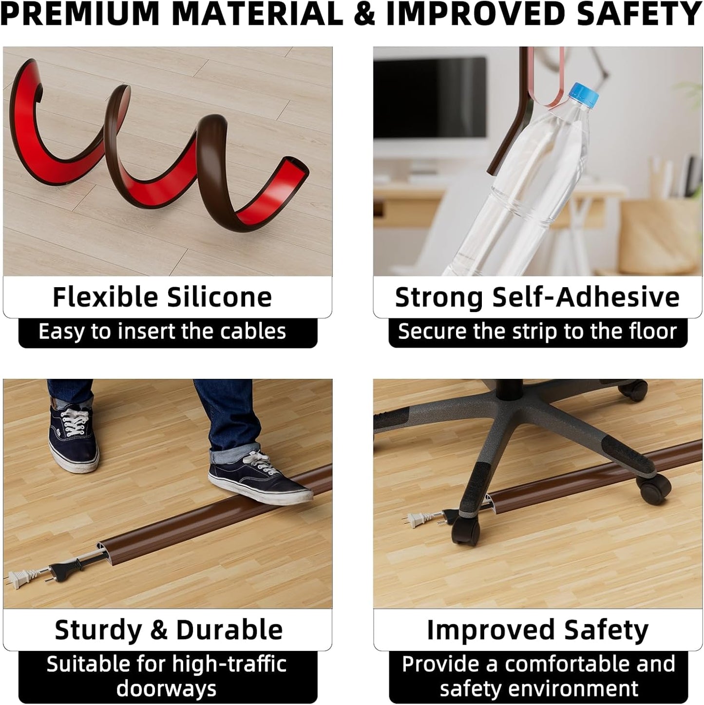 9.8ft Floor Cord Cover, Silicone Wire Hider, Hide Extension Cords, Protect Cords, Prevent Cable Trips, Heavy-Duty Adhesive-Backed Anti-Trip Cable Protector for Floor, Desk & Wall