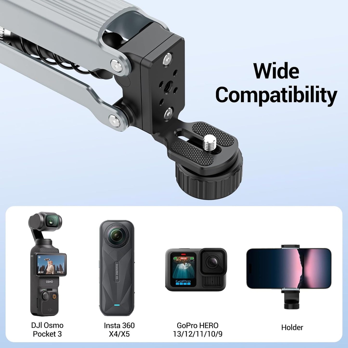 Geyo Camera Suction Cup Mount, Aluminum Alloy Multi-Function Shock Absorber Arm Stabilizer, 4" Vacuum Suction Cup, 1/4" Mounting Holes Car Mount for Insta 360 X4, for DJI Pocket 3, for GoPro, Silver