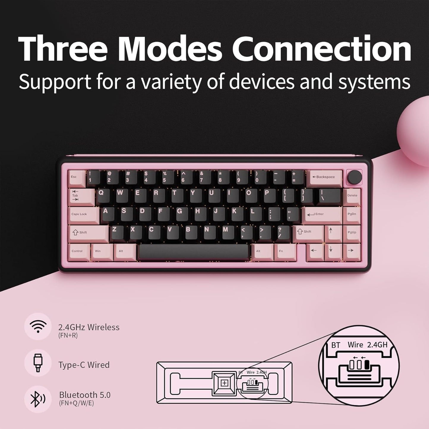 Chilkey Foxy65 Mechanical Keyboard with Knob, Gasket Mount 65% Aluminum Wireless Mechanical Keyboard, BT5.0/2.4GHz/USB-C, Hot Swappable, RGB Backlit Computer Custom Key Board for PC