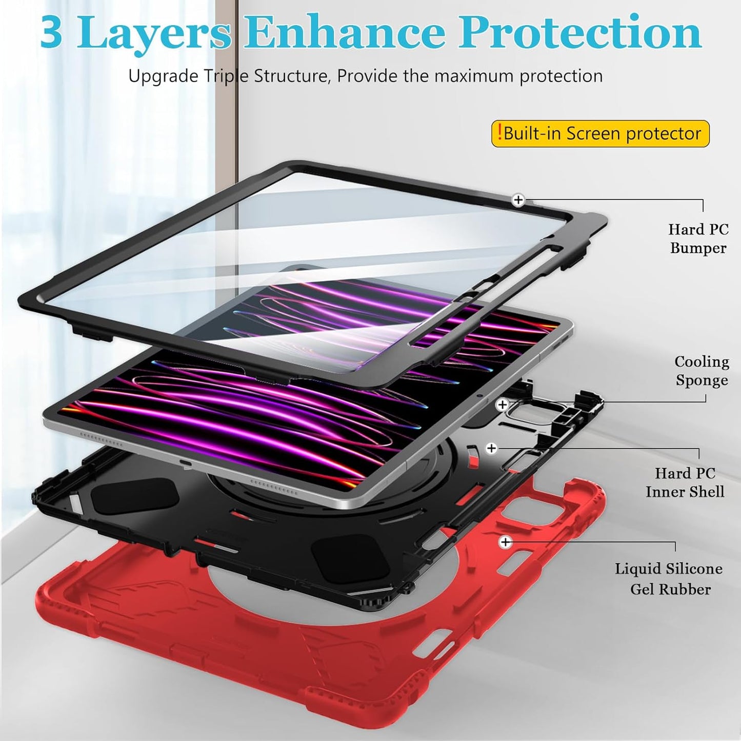 Case for iPad Pro 12.9 2022/2021/ 2020/2018: Cover for iPad Pro 12.9 6th/ 5th/ 4th/ 3rd Generation with Screen Protector- Stand- Pencil Holder- Handle- Shoulder Strap Red