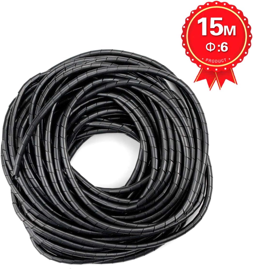 50Ft XHF 1/4" Spiral Cable Wrap 6mm(Wrapping Range:4mm-50mm) Spiral Wire Wrap Cord for Computer Electrical Wire Organizer Sleeve Hose RoHS Black