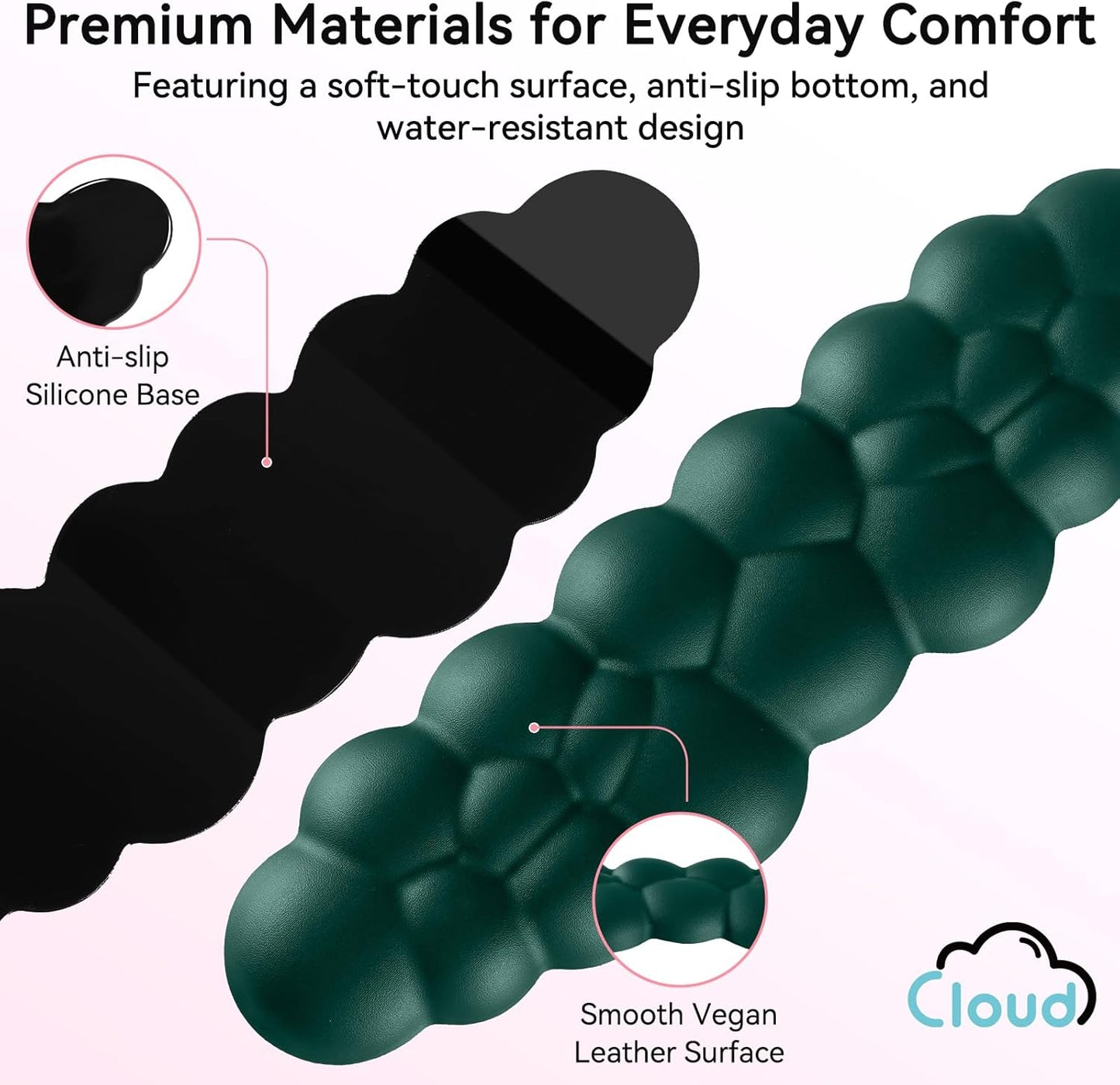 Cloud Wrist Rest for Computer Keyboard, 4-in-1 Memory Foam Leather Cloud Keyboard Wrist Rest and Mouse Pad Set with Ergonomic Support for Arm and Palm Cushion, Gaming/Work Setup, Dark Green