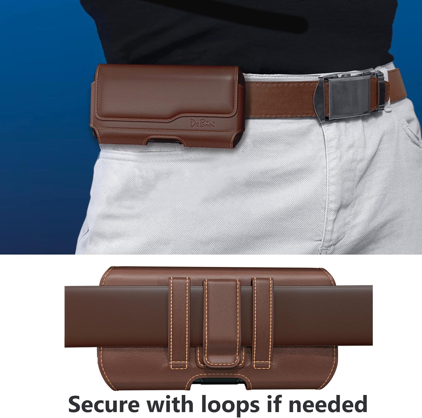 DeBin Holster for Large iPhone Plus, ProMax 16 15 14 13 12 11 Xs Max - Cell Phone Belt Holder Case with Clip Carrying Pouch Cover (Fits Phone with Protective Case on) Brown